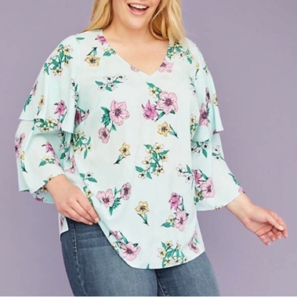 Lane Bryant Tops - Lane Bryant Floral Chiffon Tiered Bell Sleeve Blouse Blue Pink